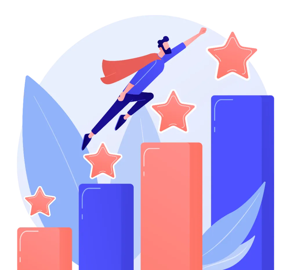 Mężczyzna w pelerynie fruwa nad wykresem słupkowym